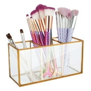 Zodaca Gold Makeup Brush Organizer Holder, 3 Slots Vintage Cosmetic Brushes Pen Storage for Vanity Bathroom Countertops Desk, Handmade Brass & Glass