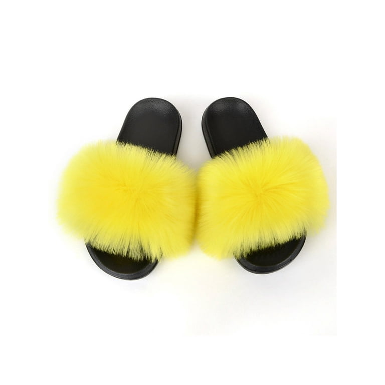 Zodanni Women Fuzzy Slippers Color Block Fluffy Slides Furry Slipper Breathable Shoe Outdoor Lightweight Faux Home Shoes Bright Yellow 10.5 11 Walmart