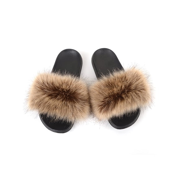 Zodanni Women Fuzzy Slippers Color Block Fluffy Slides Furry Slipper Breathable Shoe Outdoor Lightweight Faux Home Shoes Coffee Khaki 7.5-8