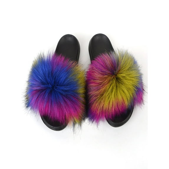 Zodanni Women Fuzzy Slippers Color Block Fluffy Slides Furry Slipper Breathable Shoe Outdoor Lightweight Faux Home Shoes Color Block 8.5-9