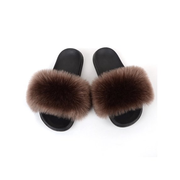 Zodanni Women Fuzzy Slippers Color Block Fluffy Slides Furry Slipper Breathable Shoe Outdoor Lightweight Faux Home Shoes Deep Khaki 9.5-10
