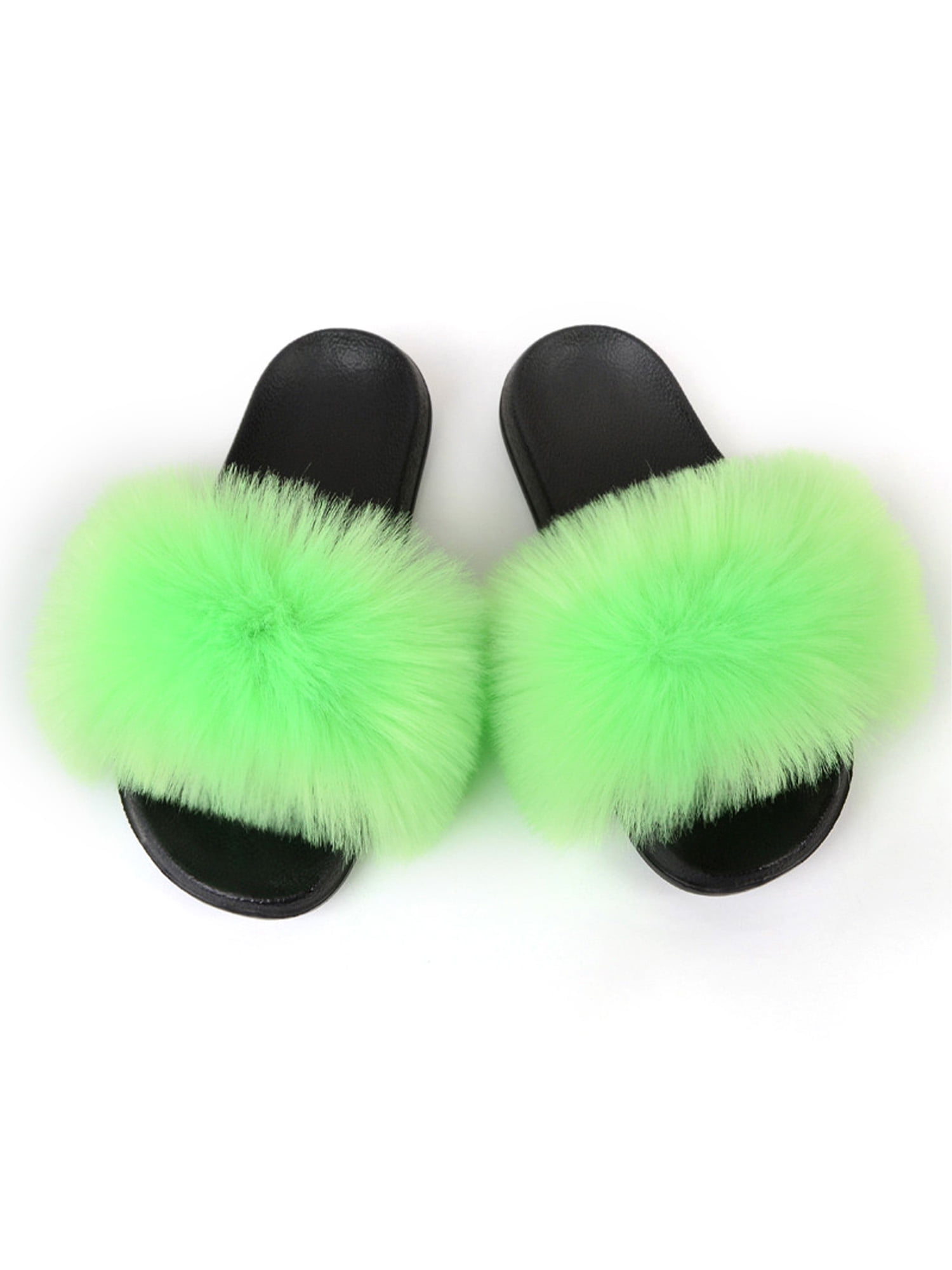 Zodanni Women Fuzzy Slippers Color Block Fluffy Slides Furry Slipper Breathable Shoe Outdoor Lightweight Faux Home Shoes Fluorescent Green 7.5 8 Walmart