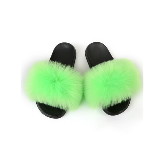 Zodanni Women Fuzzy Slippers Color Block Fluffy Slides Furry Slipper Breathable Shoe Outdoor Lightweight Faux  Home Shoes Fluorescent Green 8.5-9