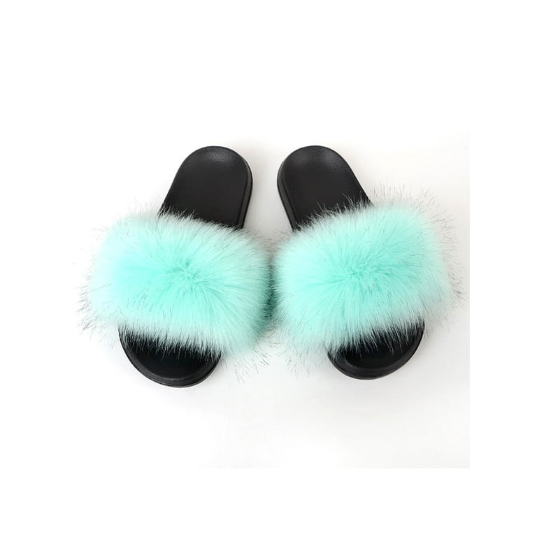 Lime green furry slides hot sale