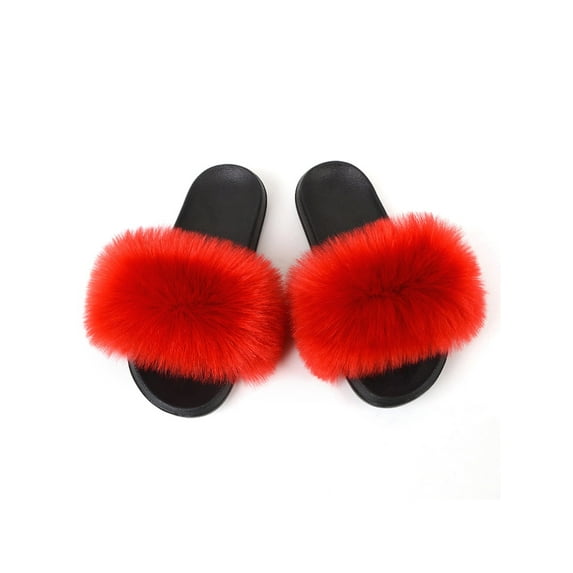 Zodanni Women Fuzzy Slippers Color Block Fluffy Slides Furry Slipper Breathable Shoe Outdoor Lightweight Faux Home Shoes Red 8.5-9