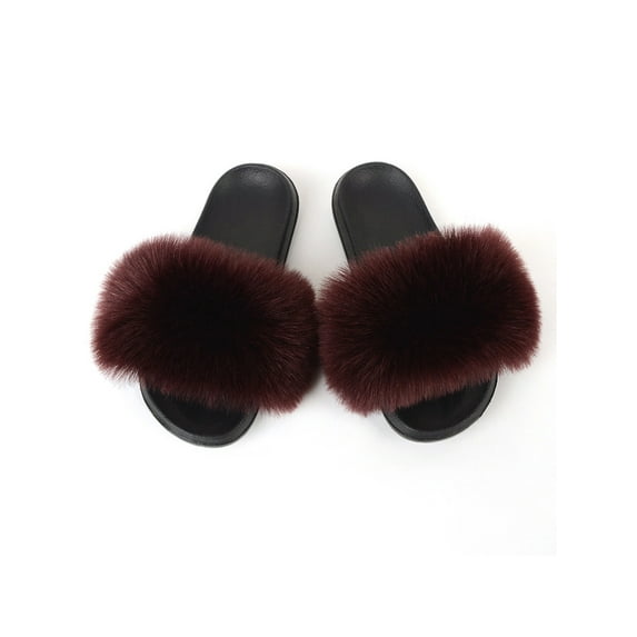 Zodanni Women Fuzzy Slippers Color Block Fluffy Slides Furry Slipper Breathable Shoe Outdoor Lightweight Faux Home Shoes Wine Red 8.5-9