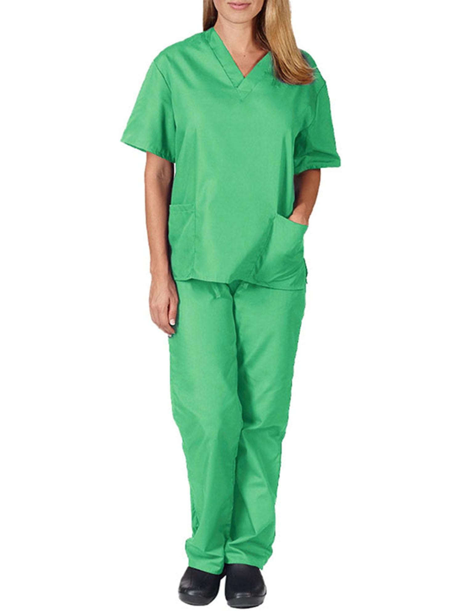 Zodanni Women Scrubs Medical Uniform 2 Pieces Scrub Set Solid Color Tops  And Pants Elastic Waist Workwear Nursing Home Medical-Scrubs Gray Blue XL 
