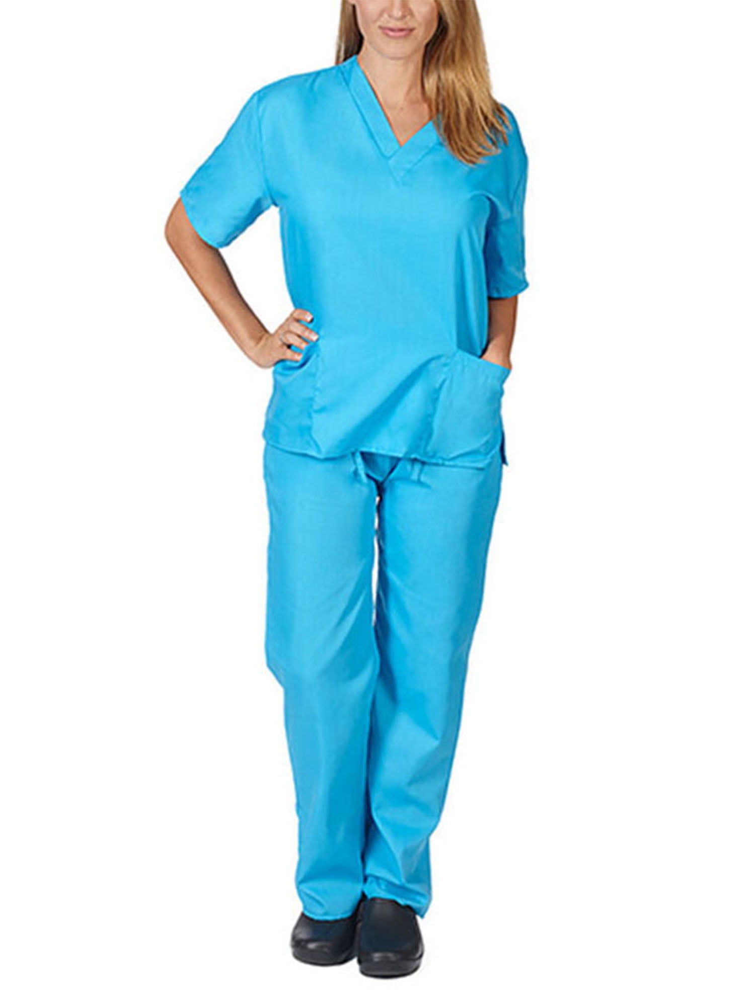 Zodanni Women Scrubs Medical Uniform 2 Pieces Scrub Set Solid Color Tops  And Pants Elastic Waist Workwear Nursing Home Medical-Scrubs Sky Blue S 