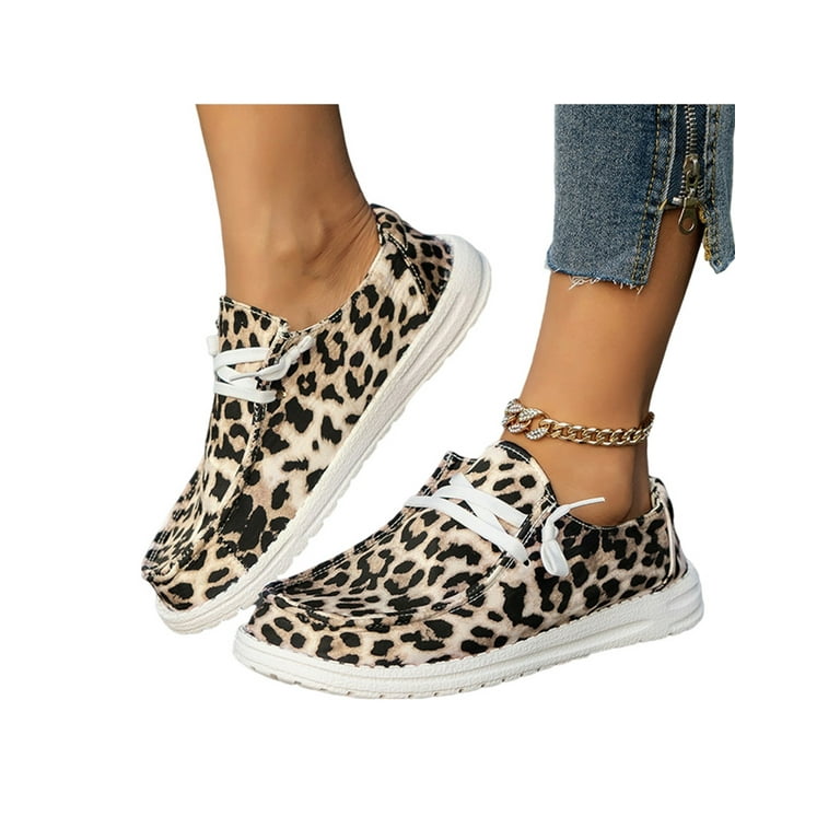 Zodanni Women's Casual Canvas Shoes Flat Low Top Leopard Print Shoes Slip on Lace Up Round Toe Shoes Leopard 8.5
