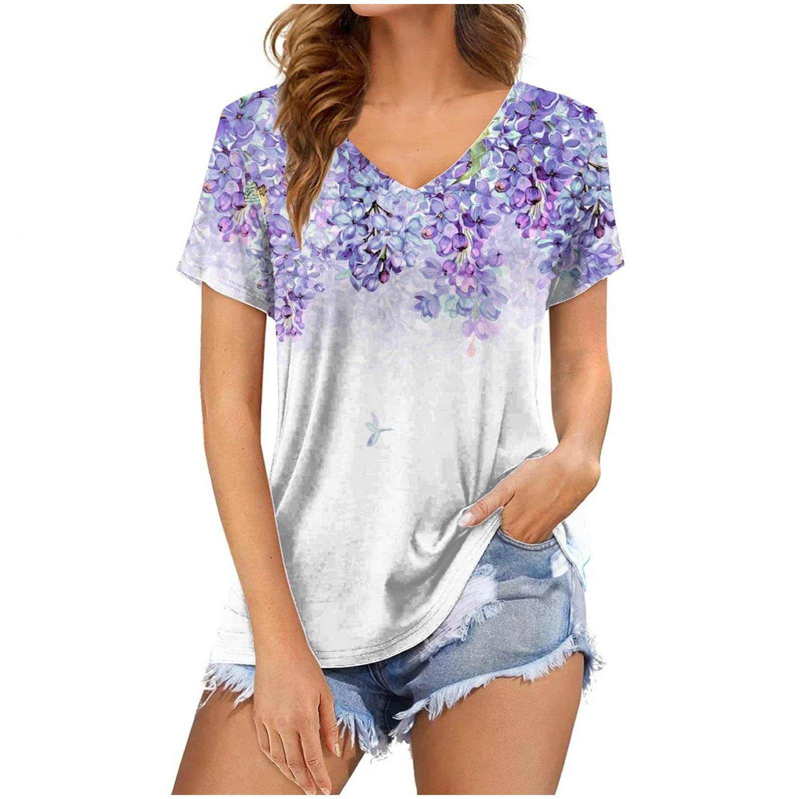 Zodggu Basics Hide Belly Blouses for Women 2023 Summer Fashion Sexy V Neck  Shirts Slim Flowy Comfy Dressy Tunic Tees Vintage Trendy Short Sleeve  Womens Tops Floral Graphic Blouse Purple 4 