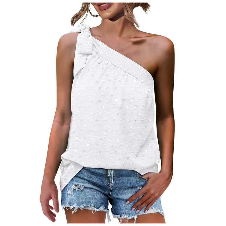 Zodggu Chiffon Shirts Tie Bow Knot for Women Soft Cotton Sleeveless Womens  Tops Comfy Solid Camiso Summer Bandage One Shoulder Salant Collar Shirts  Pleated Layer Loose Casual Crop Tops White 4 