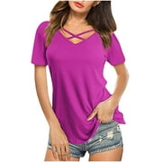 Zodggu Clearance Tunic Blouse Shirts for Women Girls Love Fashion Ladies Tops Short Sleeve Sexy Criss Cross V Neck Slim Fit Casual Summer Trendy Solid Color Female Leisure Pink 12