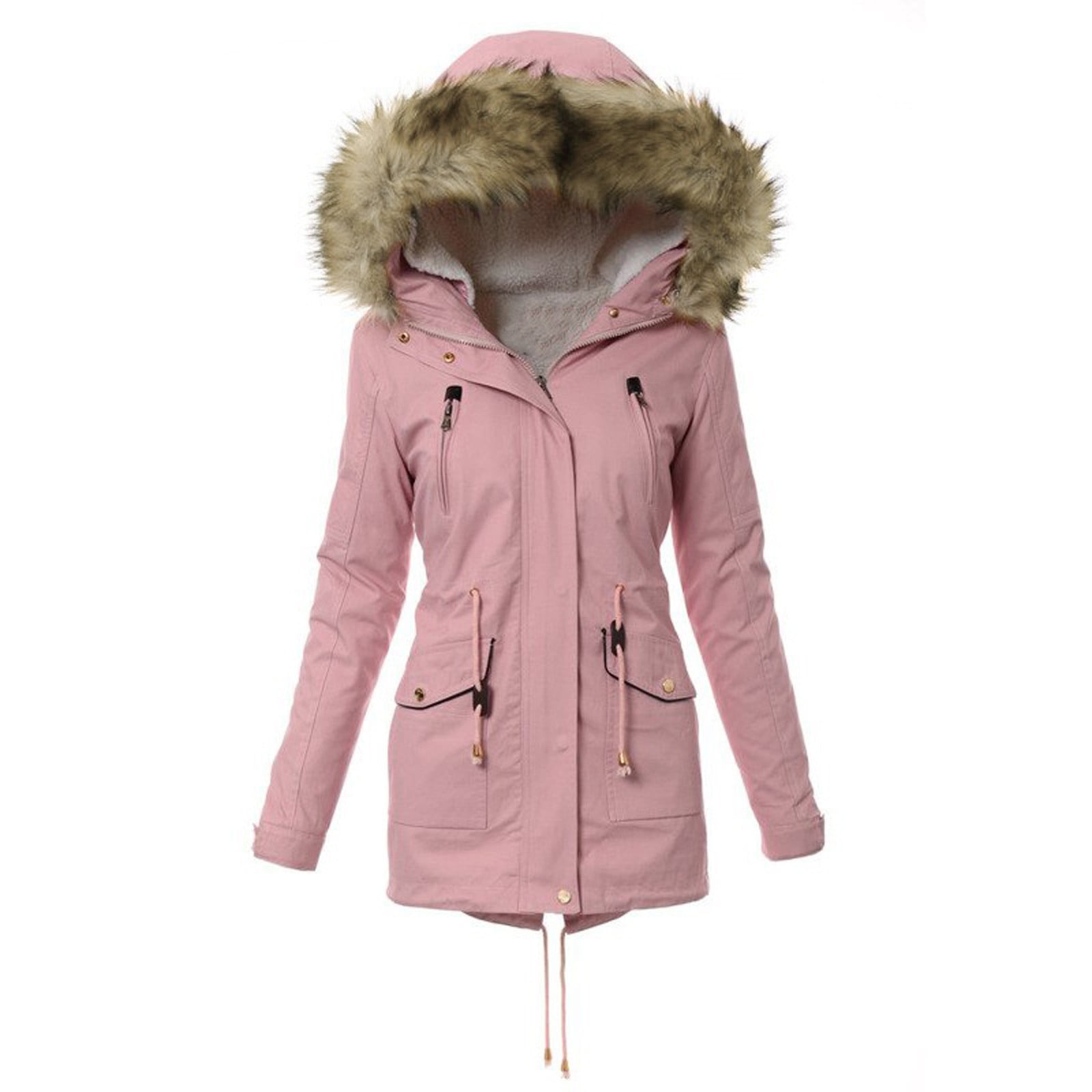 Zodggu Coat Jacket Fur Lined Trench Coat Long Sleeve Buttons Winter Hoodie  Thick Overcoat Womens Plus Warm Fashion Laides Coats Female Outerwear Pink