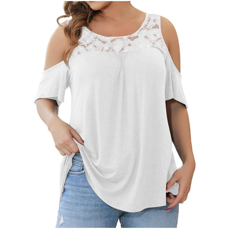 Zodggu Deals Womens Plus Blouse Shirts Summer Trendy Big Size Fashion Ladies  Tops Loose Casual Short Sleeve Cold Shoulder Solid Color Hollow Lace Stitch  Female Leisure White 14 