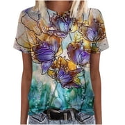 Zodggu Dressy T-Shirts for Women 2023 Reduced Loose Flowy Casual Basic Tees Vacation Trendy Short Sleeve Womens Tops Floral Print Blouse Summer Fashion Round Neck Shirts Green 4