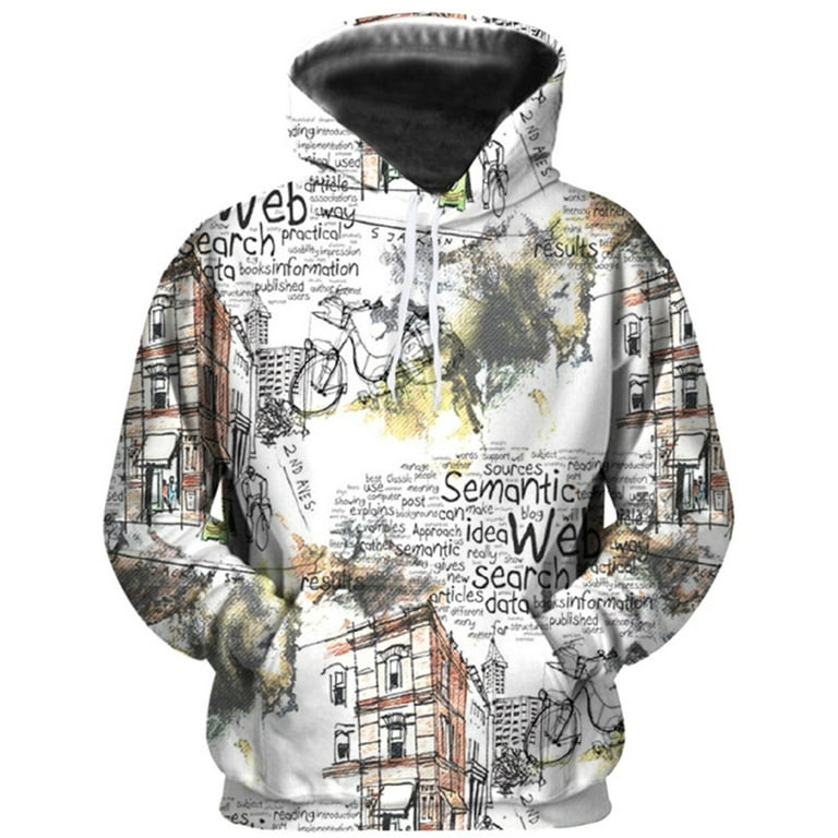 Zodggu Gifts Drawstring Hoodie Warm Comfy Funny Graphic Print Sweatshirts  for Men Long Sleeve Kangaroo Pocket Patchwork Fashion Pullover Tops Male  Leisure White XL 