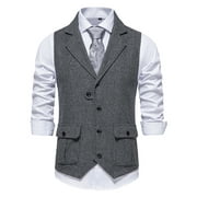 Zodggu Herringbone Tweed Suit Vest Vintage for Men Sleeveless Tuxedo Slim Fit Solid Sports Business Pocket Office Lightweight Lapel Collar Jacket Button Front Stretch Suit Coat Gray 10