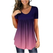 Zodggu Pleated Tunic T-Shirts for Women 2023 Reduced Short Sleeve Womens Tops Gradient Color Blouse Summer Fashion Scoop Neck Shirts Loose Dressy Casual Basics Tees Vacation Trendy Purple 8
