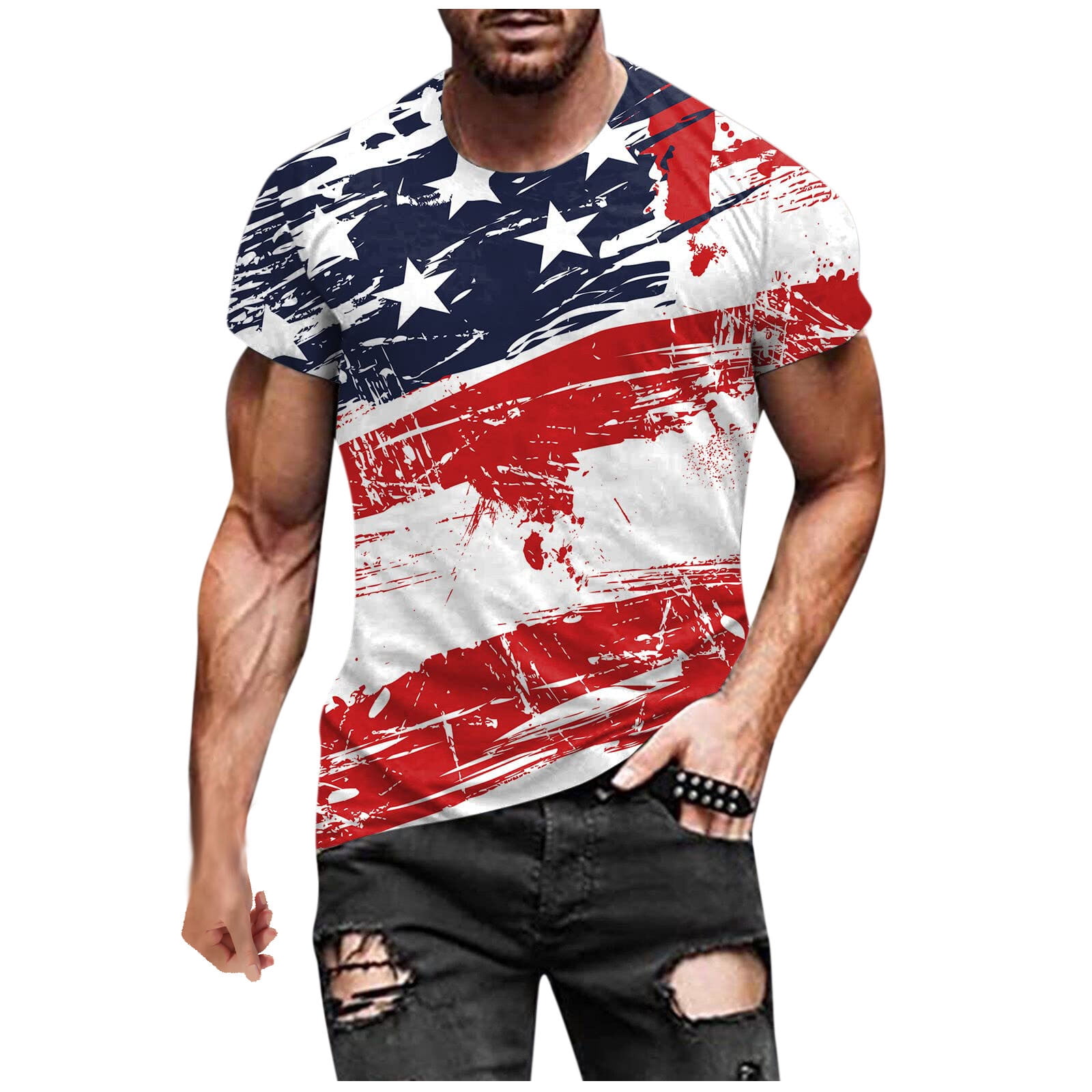 Zodggu Deals Mens T Shirts Blouses Crew Neck Summer Trending Independence Day Graphic Short Sleeve Fitness Sports Slim Fit Casual 3D Digital Flag