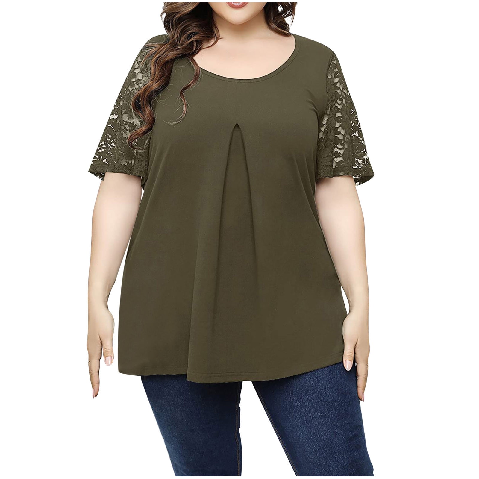 Zodggu Sales Womens Plus Blouse Shirts Big Size Fashion Ladies Tops Loose  Casual Short Sleeve Hollow Lace Stitch Solid Color Summer Trendy Female  Leisure Green 18 