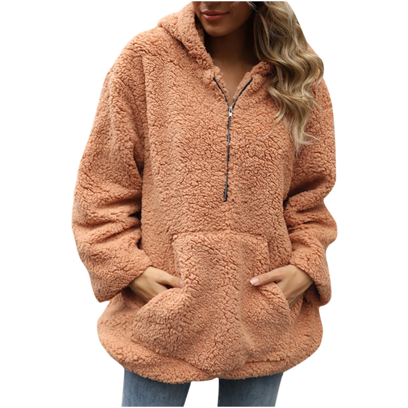 Zodggu Zip Up Hoodie Thicker Short Coats for Women With Pocket Womens  Winter Jacket Warm Overcoat Slim Solid Long Sleeve Fleece Collar Female