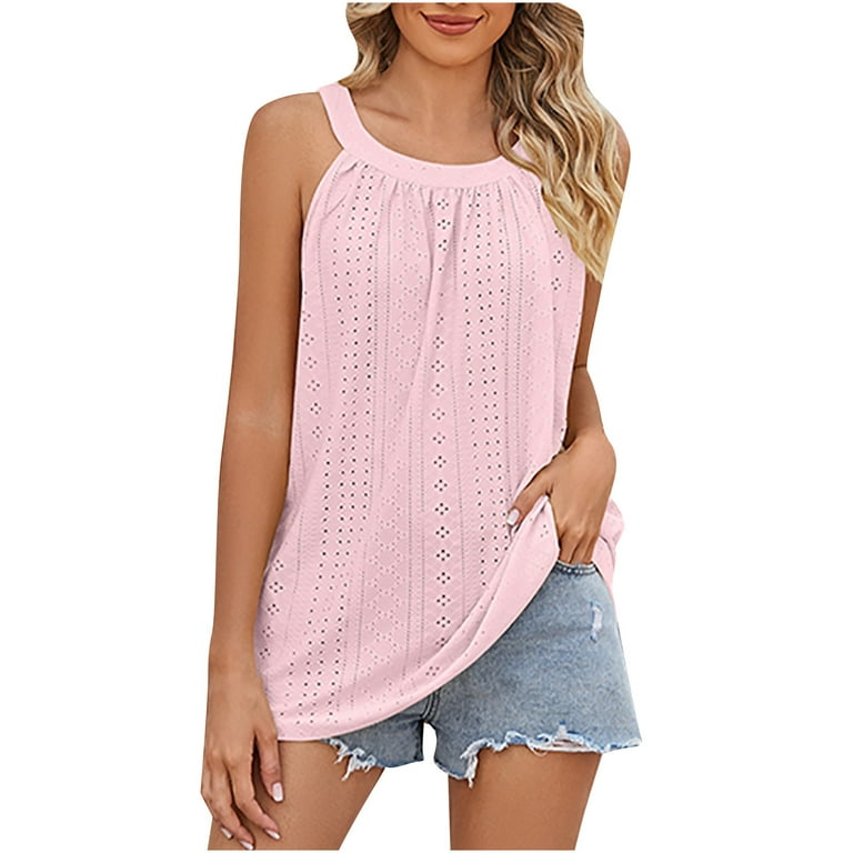 Zodggu Swiss Dot Tank Tops for Women Sales Pleated Loose Fit Flowy Tunic  Crop Tops Soft Cotton Trendy Sleeveless Womens Tops Hollow Out Solid Camiso