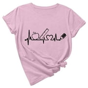 Zodggu Teacher's Day Knot Basic Tees for Women 2023 Save Big Short Sleeve Womens Tops ECG Love Blouse Summer Fashion Crew Neck Shirts Loose Casual Dressy Tees Vintage Trendy Pink 12