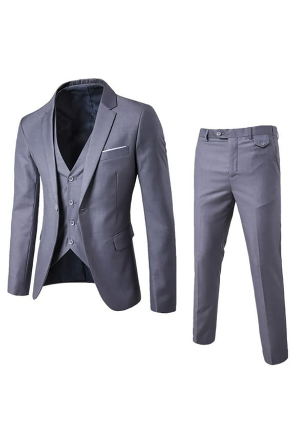 Three-piece Suit Jacket + Vest + Suit Pants for Men Button Front Stretch Suit Coat Long Sleeve Tuxedo Slim Fit Solid Sports Business Pocket Lightweight Lapel Collar Jacket Gray 14