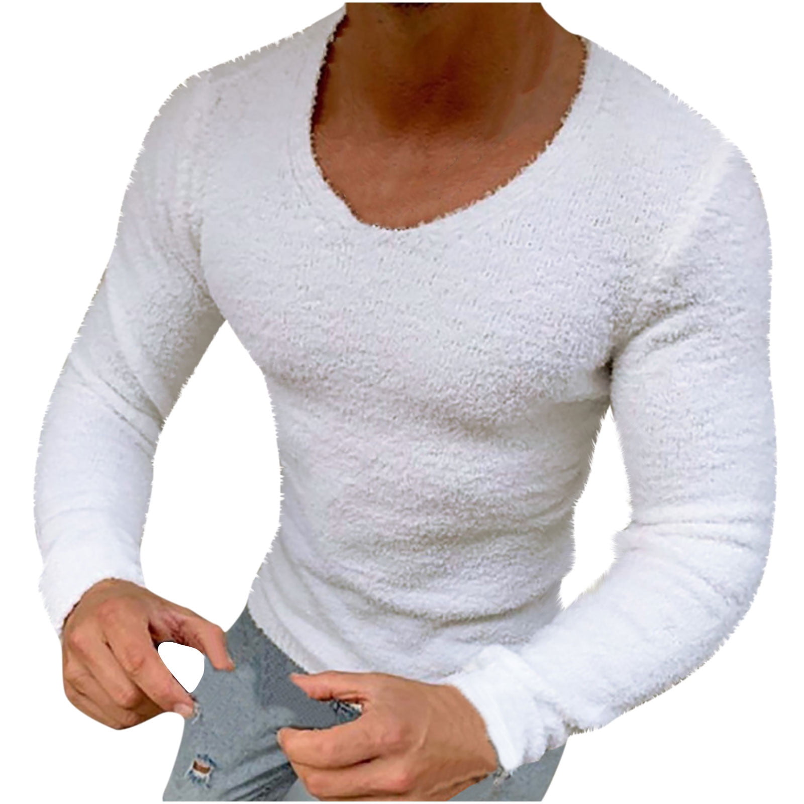 Zodggu Trendy Men's T Shirts Solid Color Polar Fleece Shirt Long Sleeve Tee  Tops Crew Neck Pullover Summer Cozy Clothes Classic Staple Shirts for Men