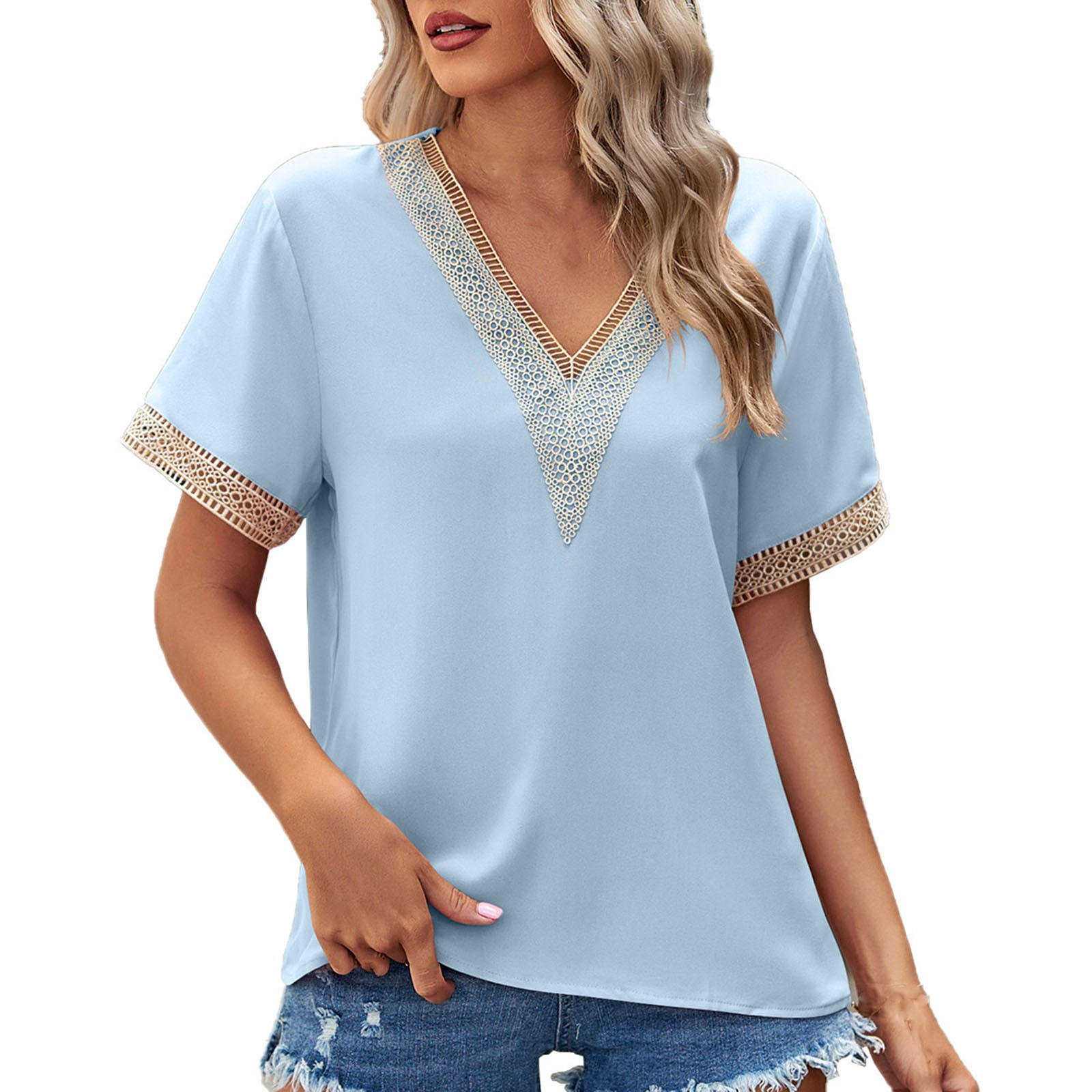 Women Summer Short Sleeve Tops Cold Shoulder Short Sleeve V Neck Slimming  Blouse for Legging Loose Fashion Tunic for Lady, Light Blue-3, Large :  : Clothing, Shoes & Accessories