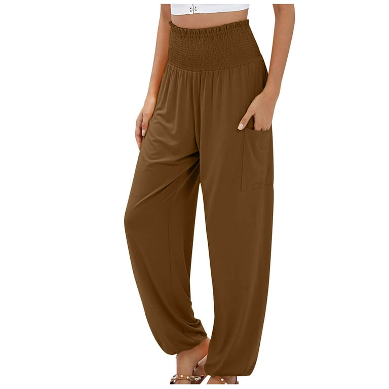 Zodggu Women Fashion Womens Summer Casual Solid Color Pants Straight Wide  Leg Trousers Pants With Pockets Versatile Loose Trousers Relaxed Vacation  Streetwear Brown 8 