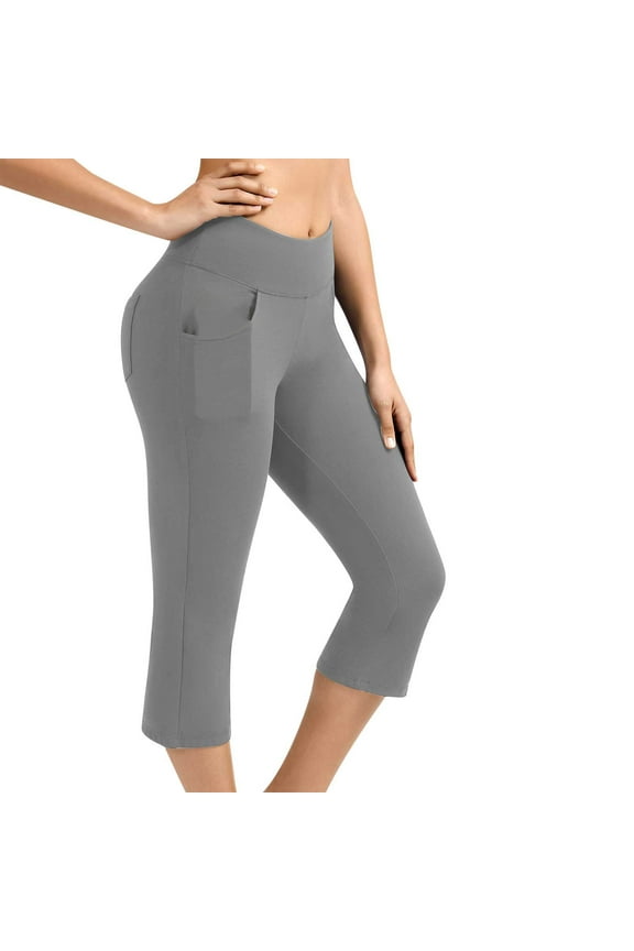 Women's Knee Length Leggings High Waisted Yoga Workout Exercise Capris For Summer 2024 Trendy Casual With Pockets Comfy Dressy Young Girls Love Gray L
