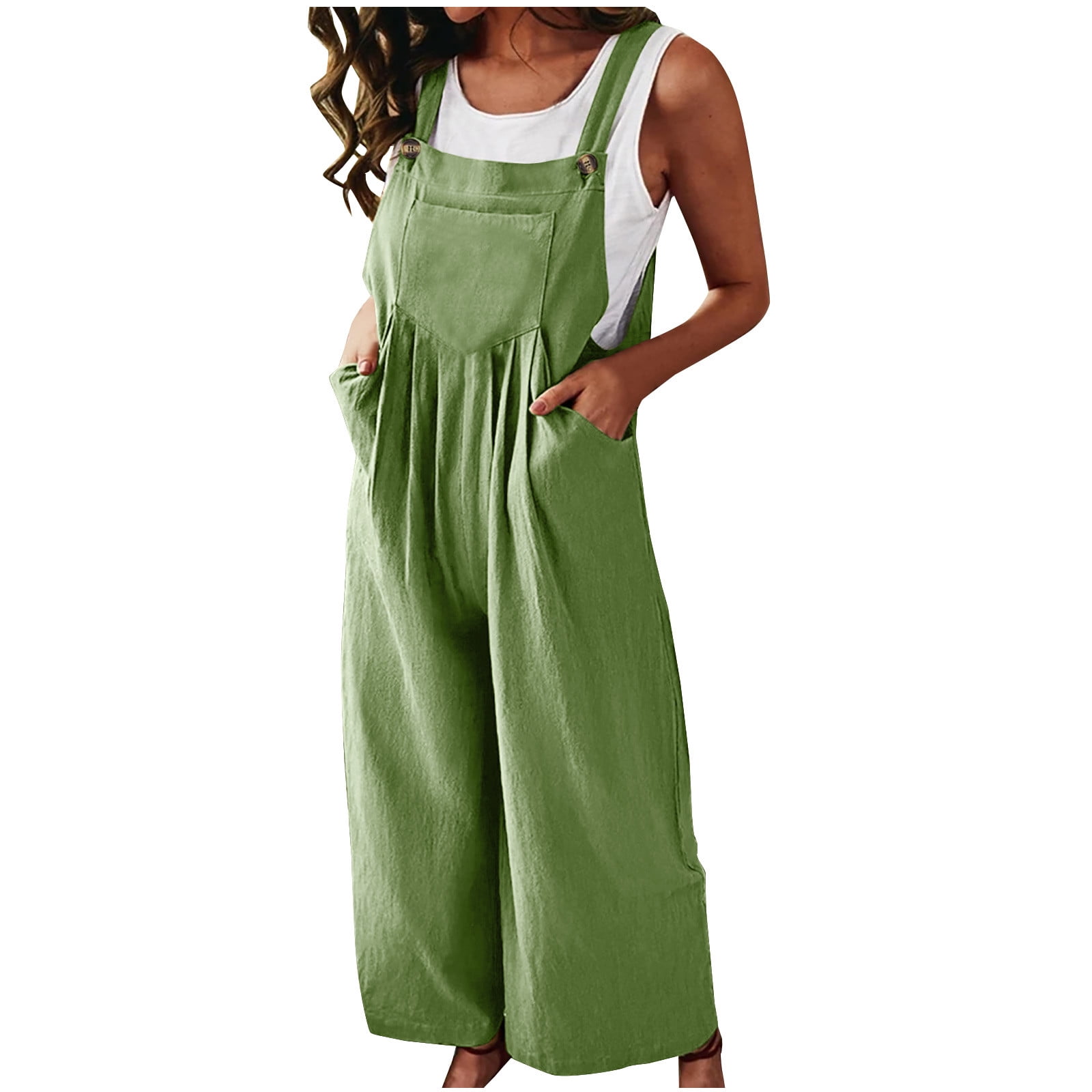 Zodggu Women's Linen Cotton Solid Color Sleeveless Pocket Summer 2023  Trendy Casual Wide Leg Side Button Jumpsuit Comfy Dressy Young Girls Love  Green XXL 
