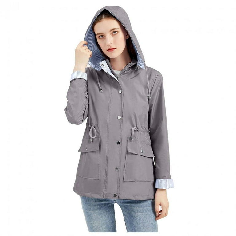 Zodggu Women s Solid Color Rain Waterproof Jacket With Removable Hoodie Casual Lightweight Windbreaker Outdoor Long Sleeve Slim Fit Tunic Walking Midi