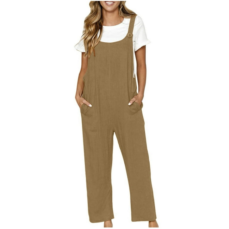 Zodggu Women's Summer 2023 Trendy Casual Loose Baggy Pocket Jumpsuit  Fashion Playsuit Trousers Overalls Cotton And Linen Jumpsuit Comfy Dressy  Young Girls Love Khaki L 