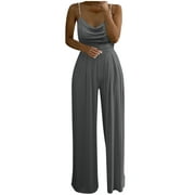 Zodggu Women's Summer 2023 Trendy Casual Solid Color Long Playsuit Loose Lady Pearl Sling Strap Jumpsuit Comfy Dressy Young Girls Love Boho Yoga Carpenter One-piece Suits Dark Gray XL