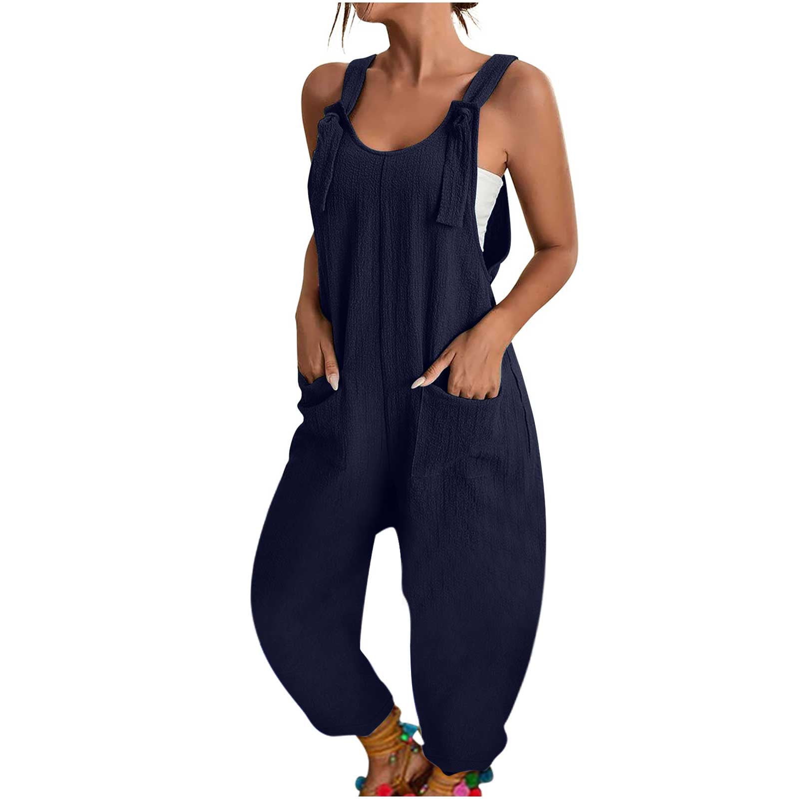 Zodggu Womens Fashion Solid Color Summer 2023 Trendy Casual Sleeveless  Sling Strap Jumpsuit Comfy Dressy Young Girls Love Boho Yoga Carpenter  One-piece Suits Blue XXL 