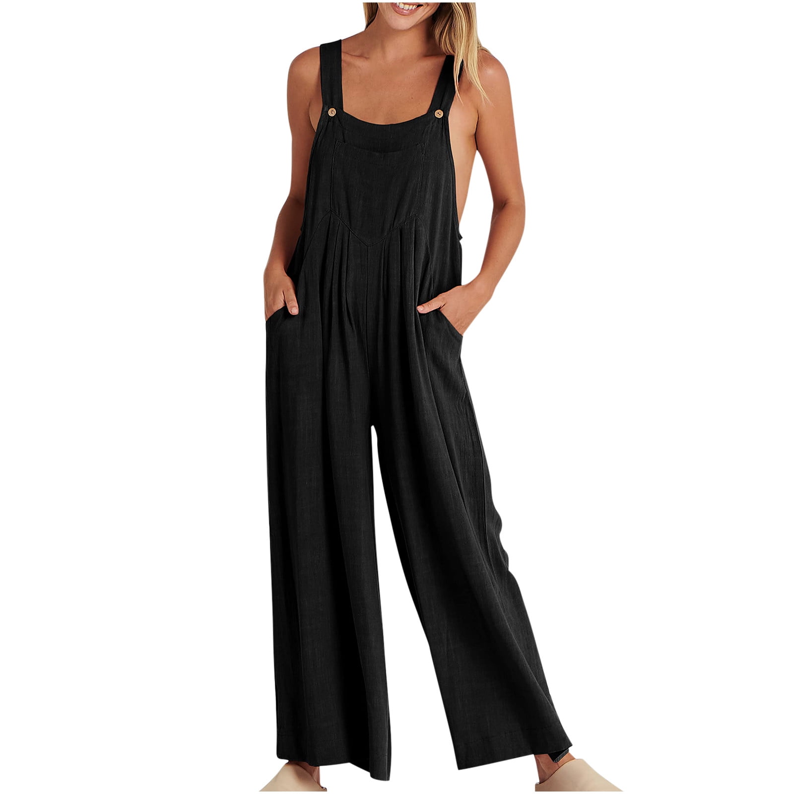 Zodggu Womens Fashion Solid Summer 2023 Trendy Casual Camis Pocket  Sleeveless Sling Strap Jumpsuit Comfy Dressy Young Girls Love Linen Pants  Cargo Pants Black L 