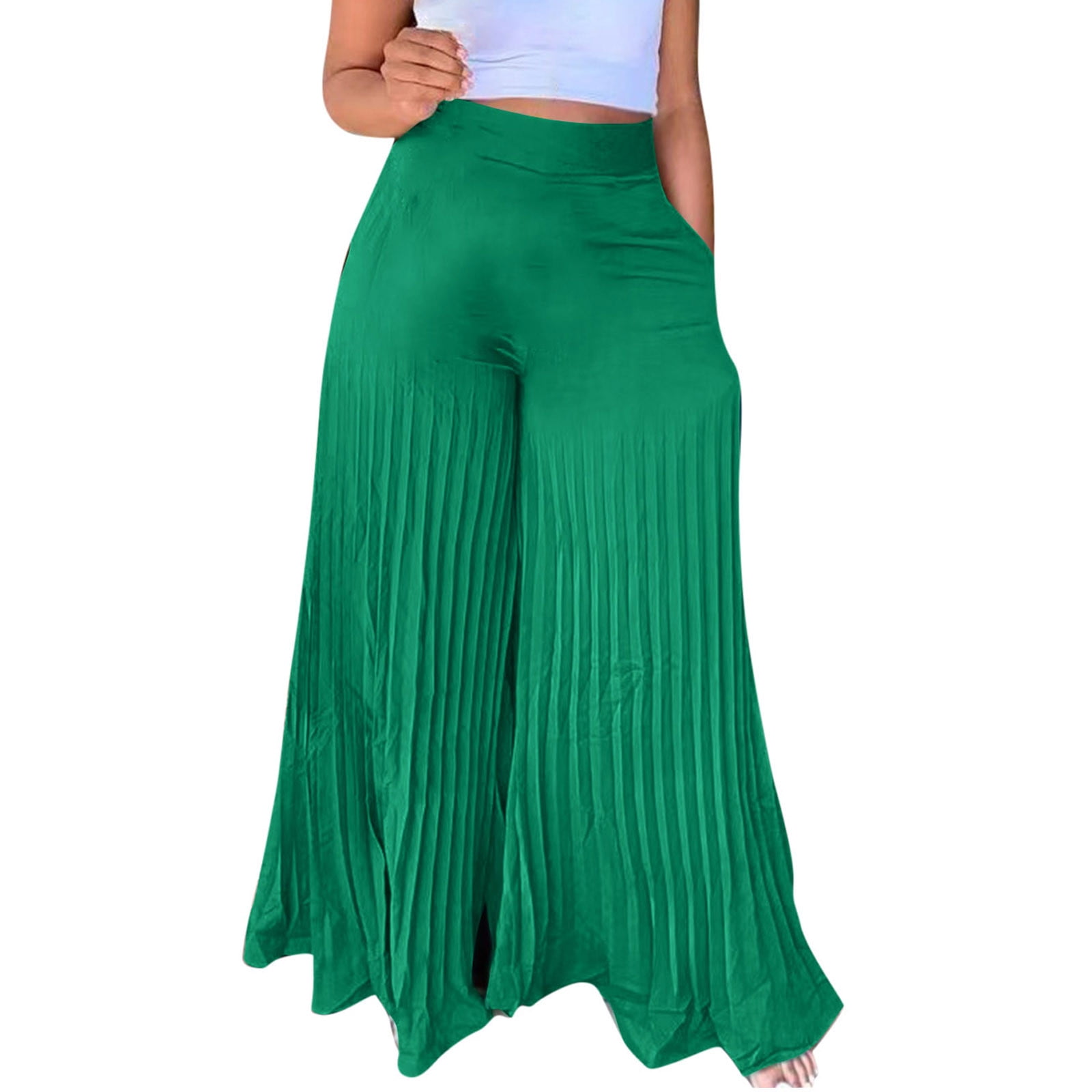 Zodggu Womens Fashion Summer Casual Solid Chiffon Pockets Elastic Waist  Full Length Long Pants Double Layer Crinkle Wide Leg Pants Trousers Flare  Trousers Green 4 