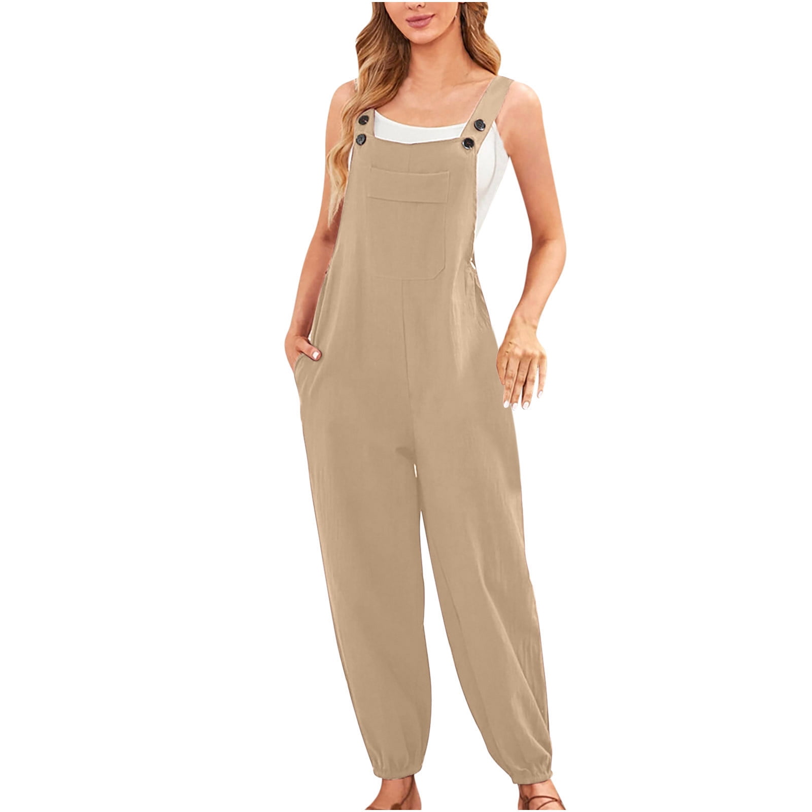 Zodggu Womens Fashion Women Summer 2023 Trendy Casual Cold Shoulder  Jumpsuit Solid Button Sling Strap Jumpsuits Wide Pocket Leg Pant Comfy  Dressy Young Girls Love Khaki S 