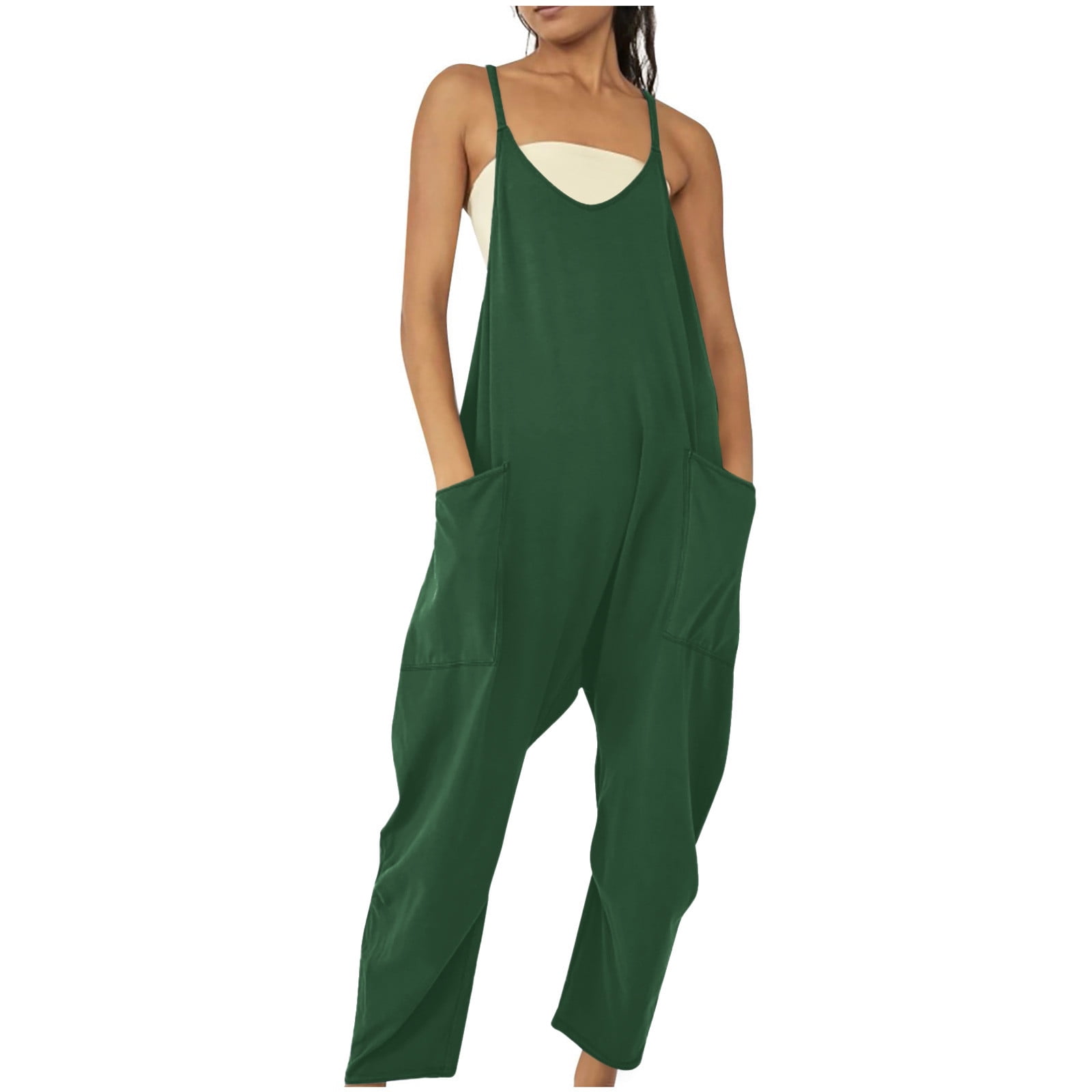 Zodggu Womens Fashion Women Summer 2023 Trendy Casual Cold Shoulder Jumpsuit  Solid Sling Strap Jumpsuits Wide Pocket Leg Pant Comfy Dressy Young Girls  Love Green M 