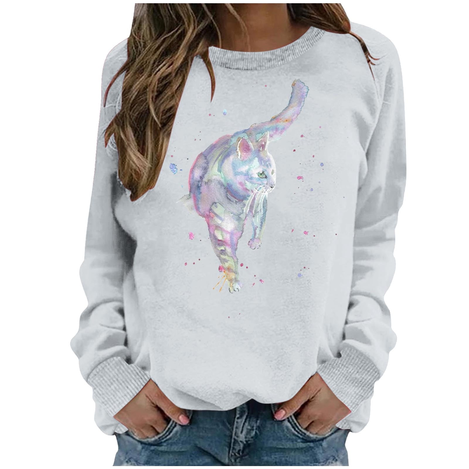 Zodggu Womens Gift Loose Casual Ladies Cute Cat Print Tops Blouse Crew