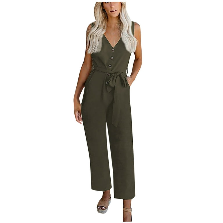 Zodggu Womens Jumpsuit Fashion Full Trousers Single Shoulder Strap  Sleeveless Packets Belts Solid Color Comfy Lounge Casual Pants Jumpsuit for  Girls for Women 2023 Army Green 12 