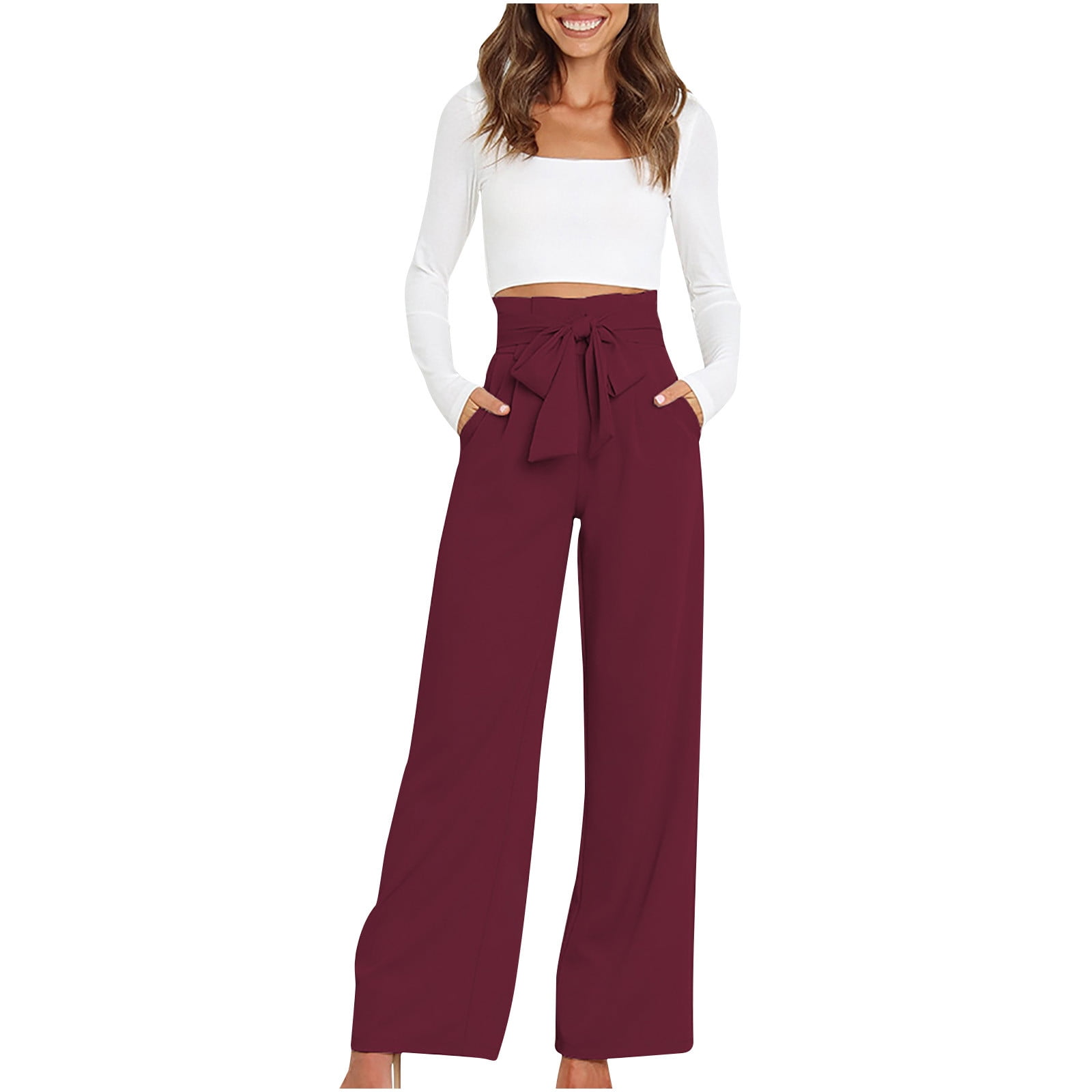 Fashion (Burgundy)Womens Plus Size High Waist Wide Leg Maxi Long Pants  Solid Color Office Lady Loose Stretch Pleated Palazzo Lounge Trousers S-3X  WEF @ Best Price Online