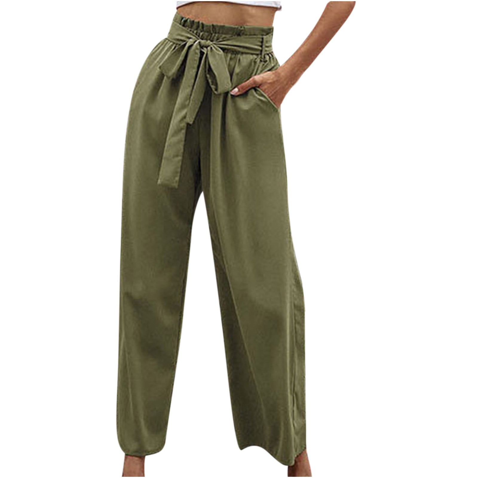 Summer Savings! Zpanxa Linen Pants for Women Fashion Solid Color Sashes  Straight Casual Long Pants Trousers Workout Yoga Pants Athletic Lounge  Pants