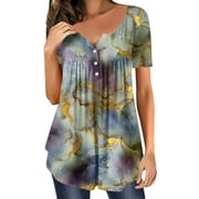 Zodggu Womens Tunic Peplum Top Henley Shirts 2023 Deals Buttons Boat Neck Tees Pleated Loose Fit Flowy Casual Tops Fashion Short Sleeve Womens Tops Contrast Tie Dye Shirts Summer Yellow 10