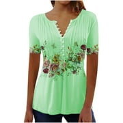Zodggu Womens Tunic T-Shirt Blouse Tops 2023 Sales Pleated Hide Belly Flowy Casual Tops Fashion Short Sleeve Womens Tops Elegant Floral Shirts Summer Buttons Slit Neck Tees Green 10