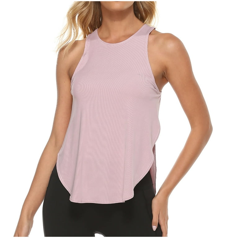 Zodggu Yoga Sports Vest Cross Back T-shirt for Women Deals Summer Racerback  High Neck Shirts Loose Fit Flowy Tunic Slit Crop Tops Soft Cotton Trendy