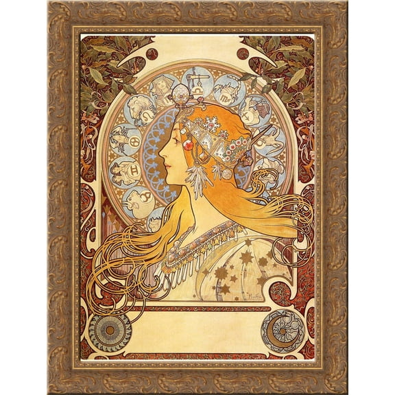 Zodiac 20x24 Gold Ornate Wood Framed Canvas Art by Mucha, Alphonse