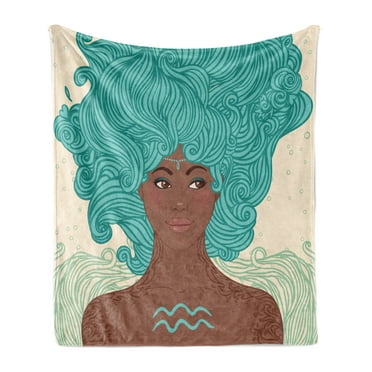 Zodiac Aquarius Soft Flannel Fleece Throw Blanket, Lady Beauty Girl Fantasy Portrait Portrait, Cozy Plush for Indoor and Outdoor Use, 60" x 80", Pale Green Teal Brown, by Ambesonne